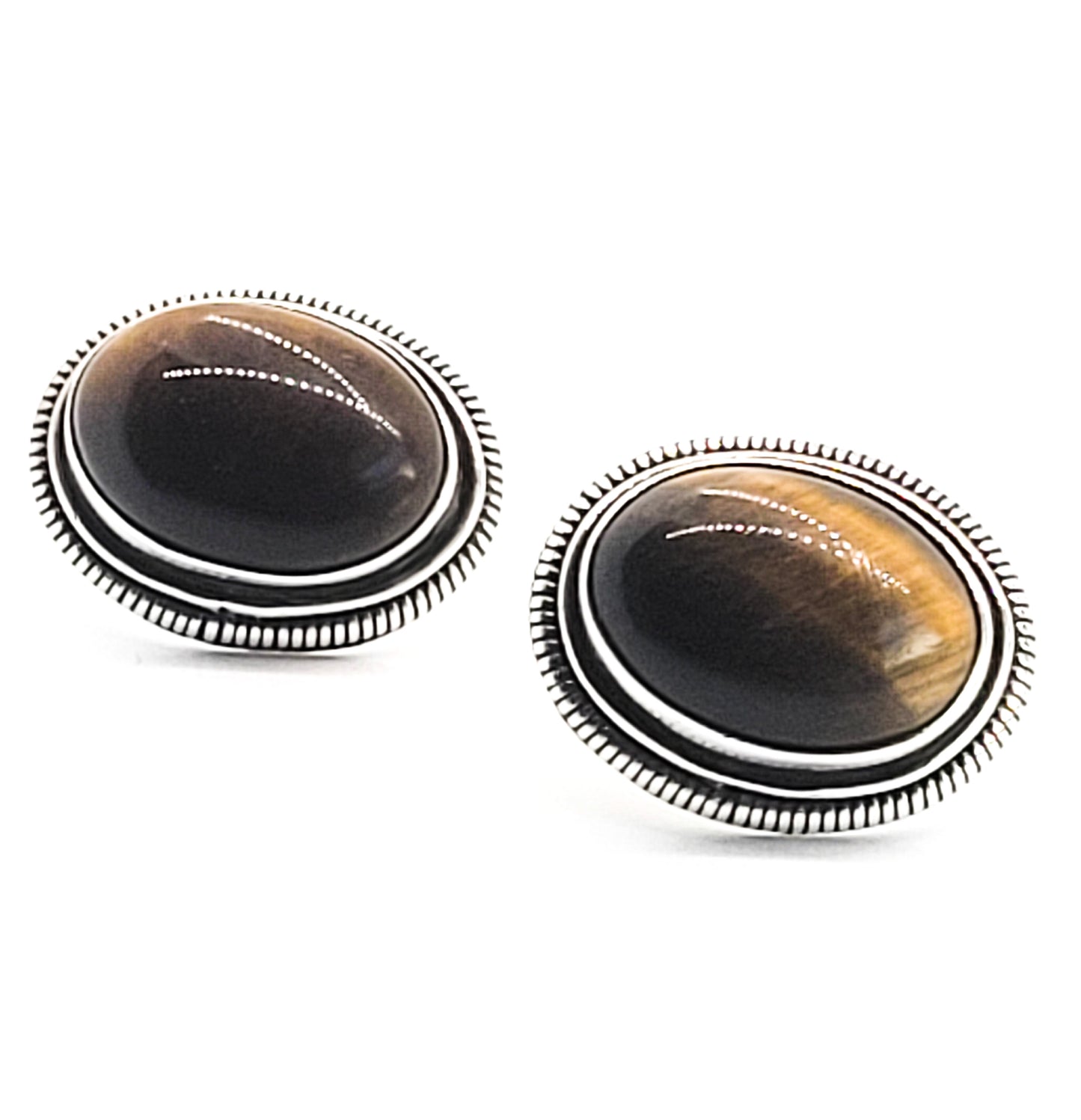 ID SSP large Tiger's Eye sterling silver domed vintage stud earrings