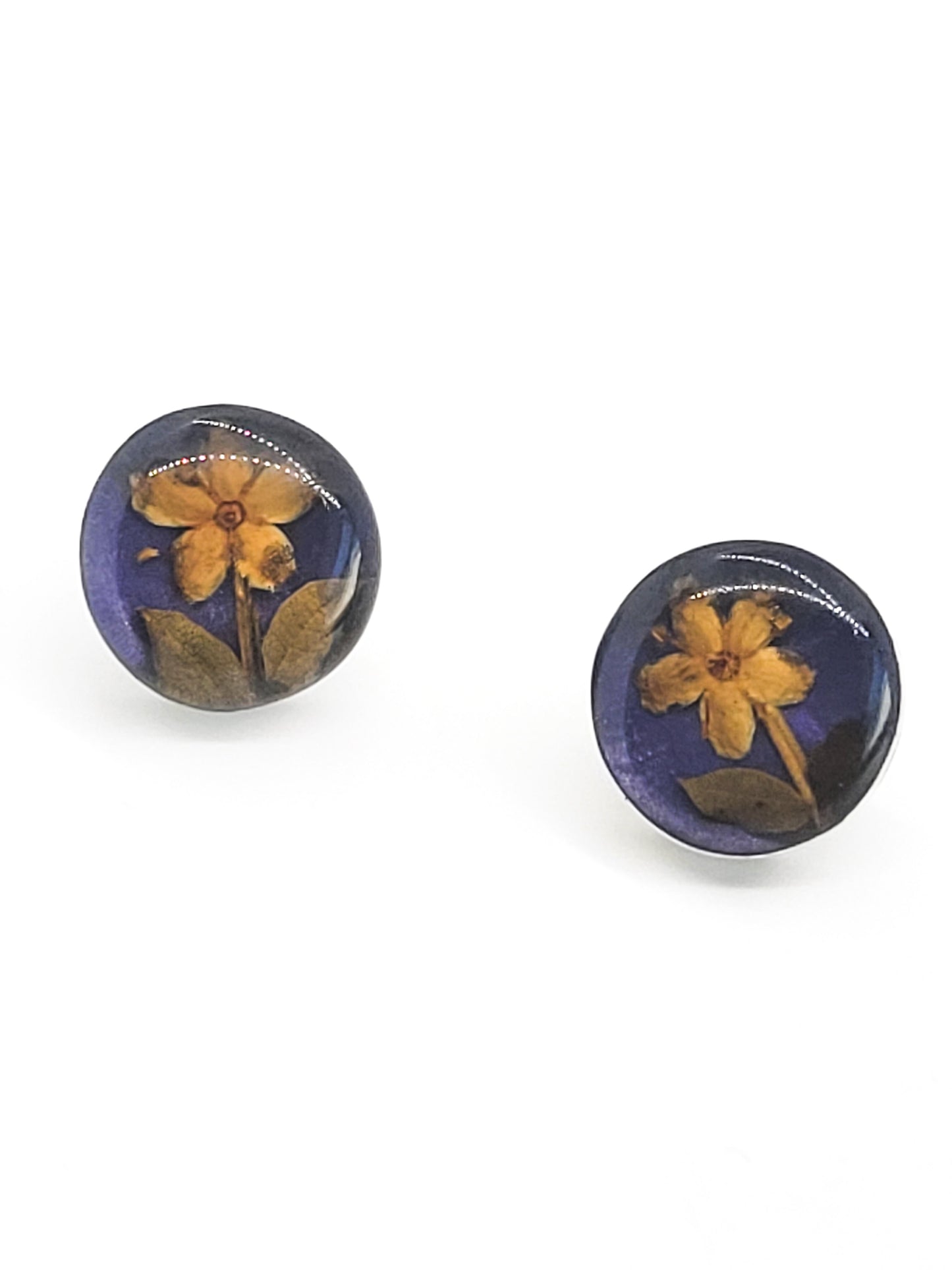 Dried Flowers vintage yellow purple resin sterling silver stud button earrings