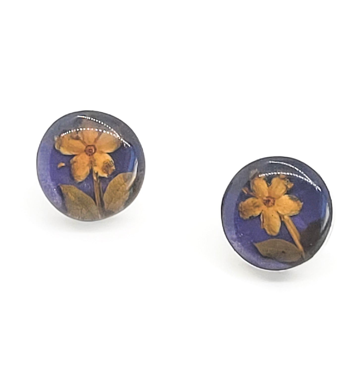 Dried Flowers vintage yellow purple resin sterling silver stud button earrings