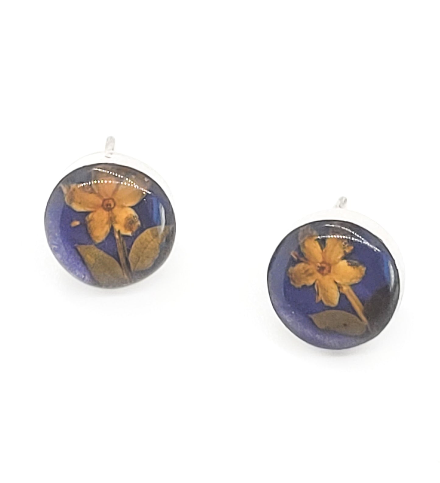 Dried Flowers vintage yellow purple resin sterling silver stud button earrings