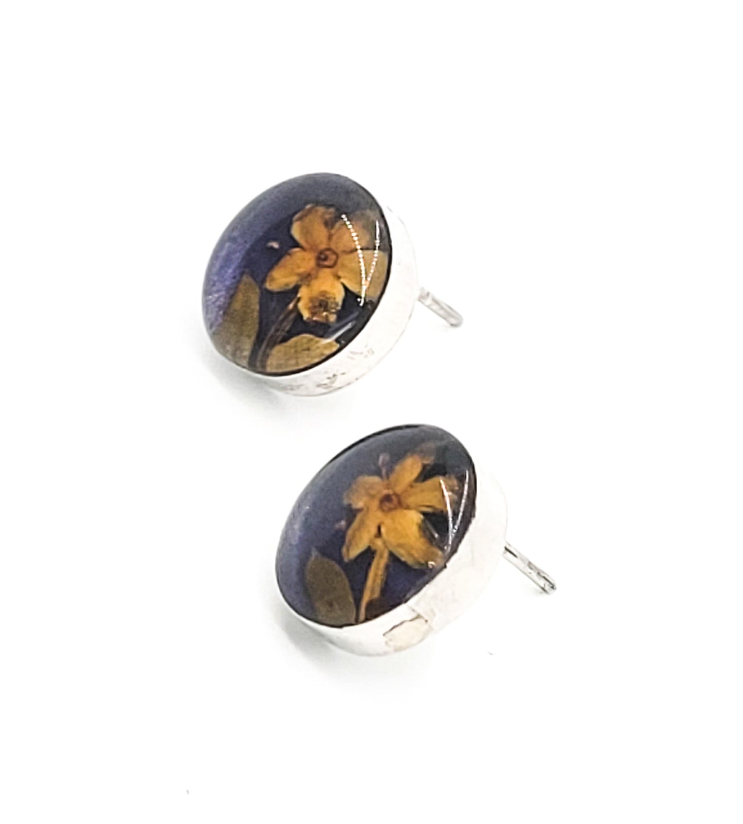 Dried Flowers vintage yellow purple resin sterling silver stud button earrings