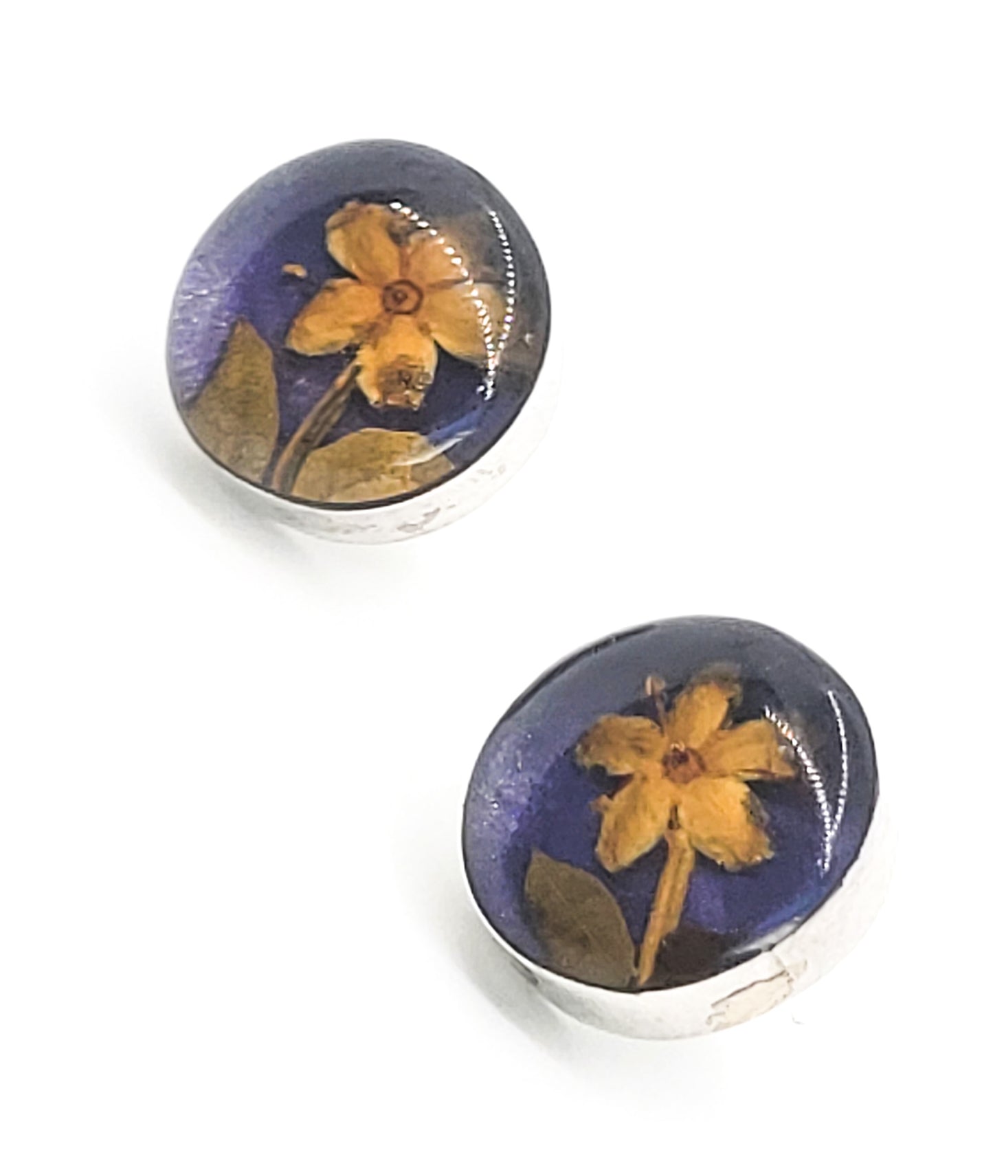 Dried Flowers vintage yellow purple resin sterling silver stud button earrings
