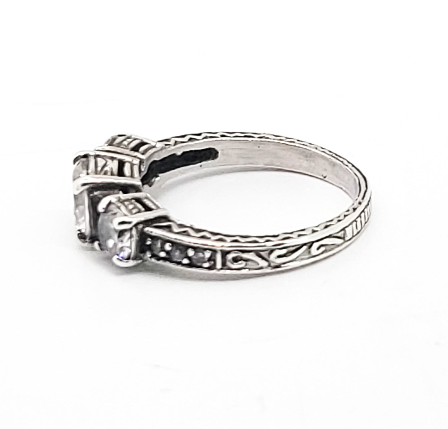 Past Present future three stone vintage inspired Cubic Zirconia sterling silver ring size 8