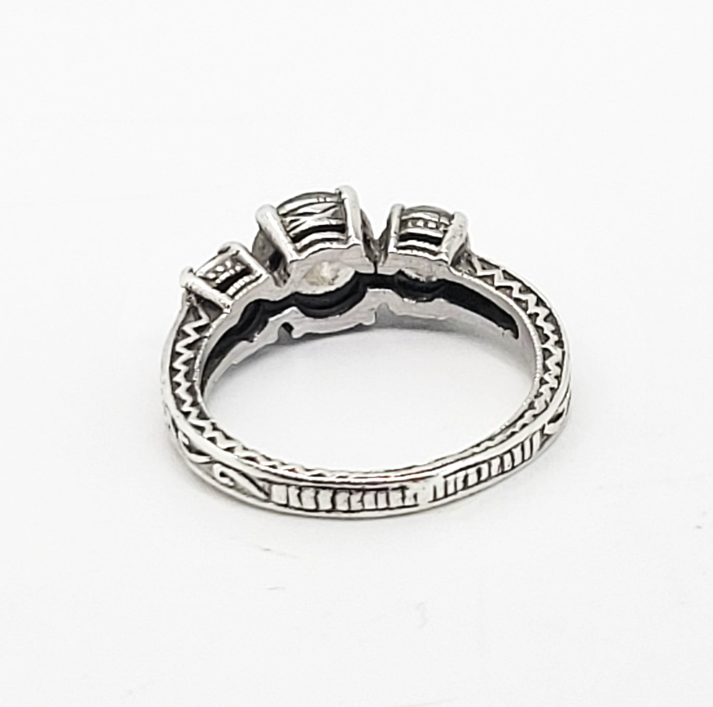 Past Present future three stone vintage inspired Cubic Zirconia sterling silver ring size 8