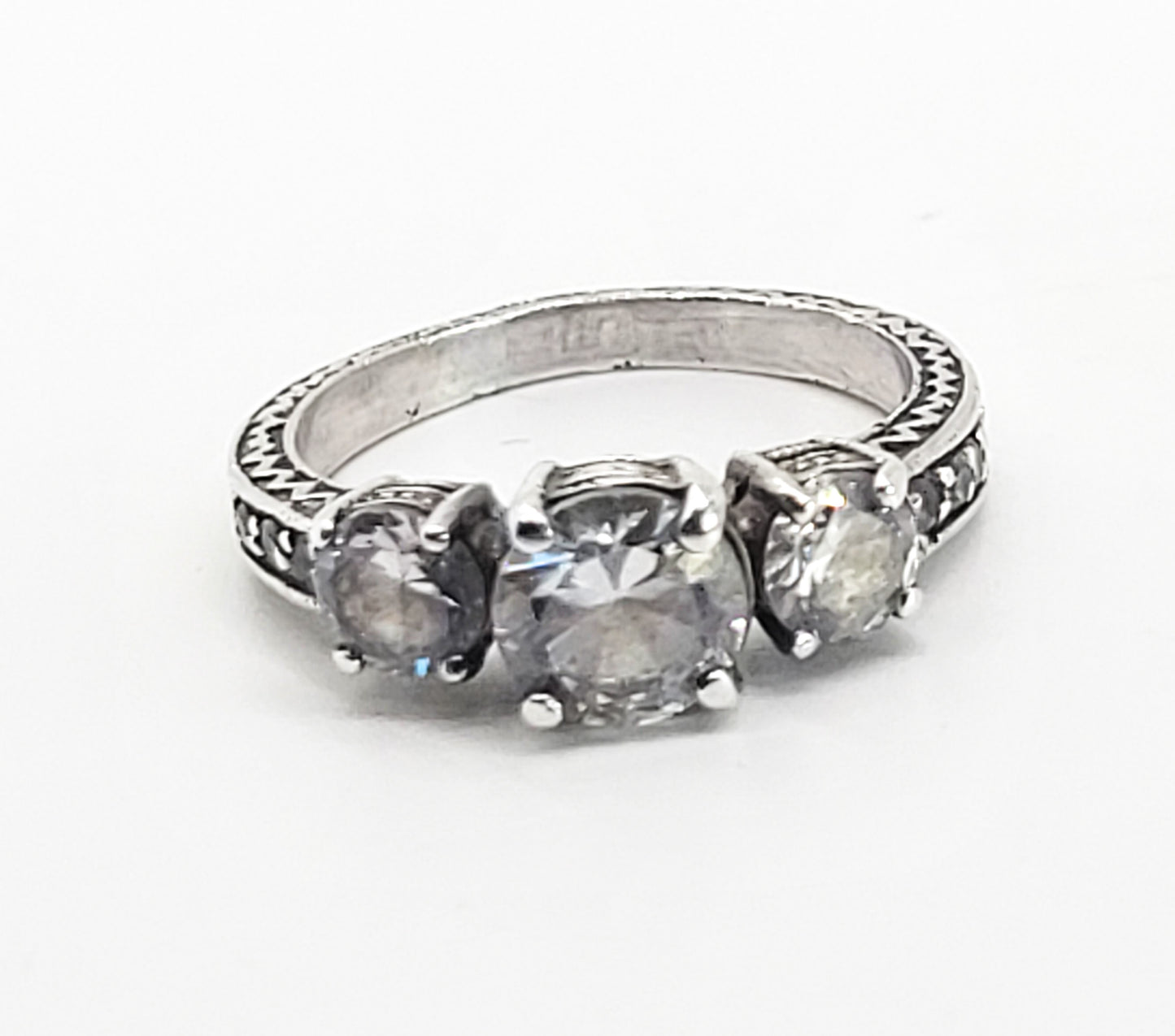 Past Present future three stone vintage inspired Cubic Zirconia sterling silver ring size 8