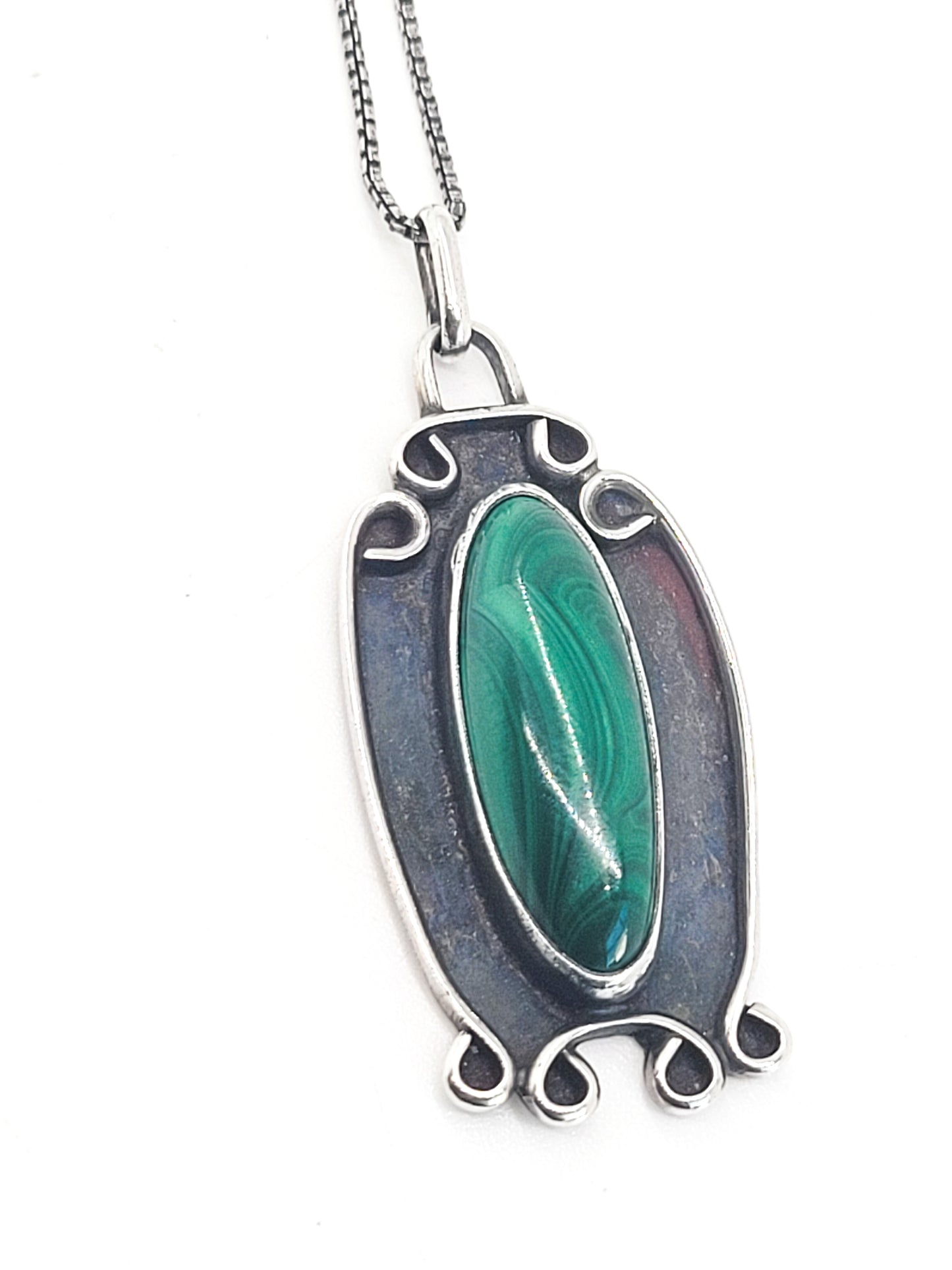DA Malachite shadow box Native American sterling silver vintage pendant necklace