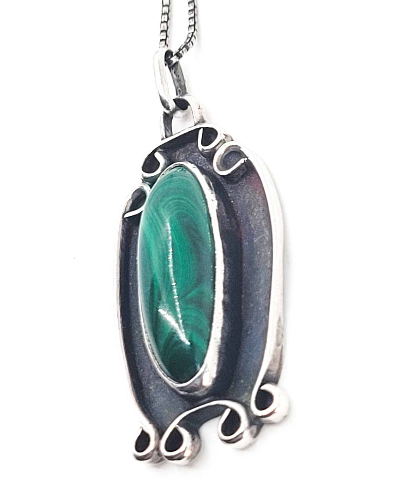 DA Malachite shadow box Native American sterling silver vintage pendant necklace