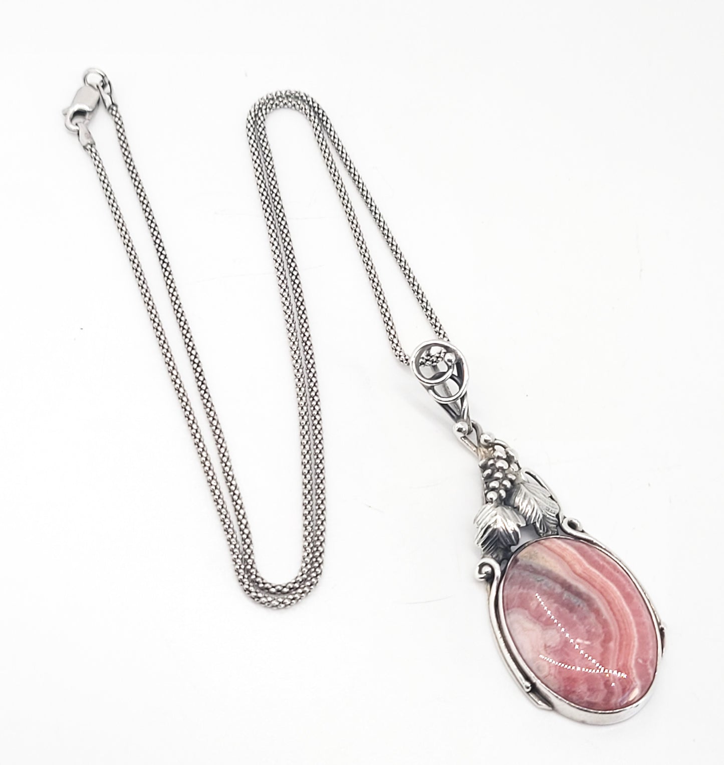 Rhodochrosite pink gemstone vintage handcrafted sterling silver pendant necklace
