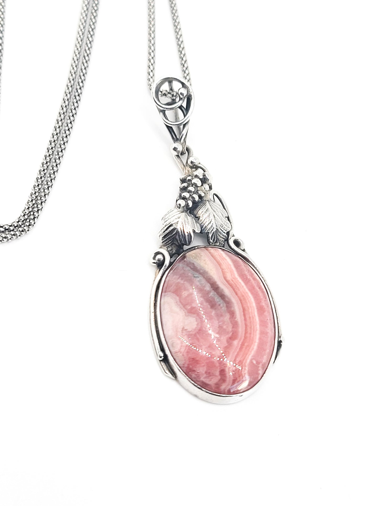 Rhodochrosite pink gemstone vintage handcrafted sterling silver pendant necklace