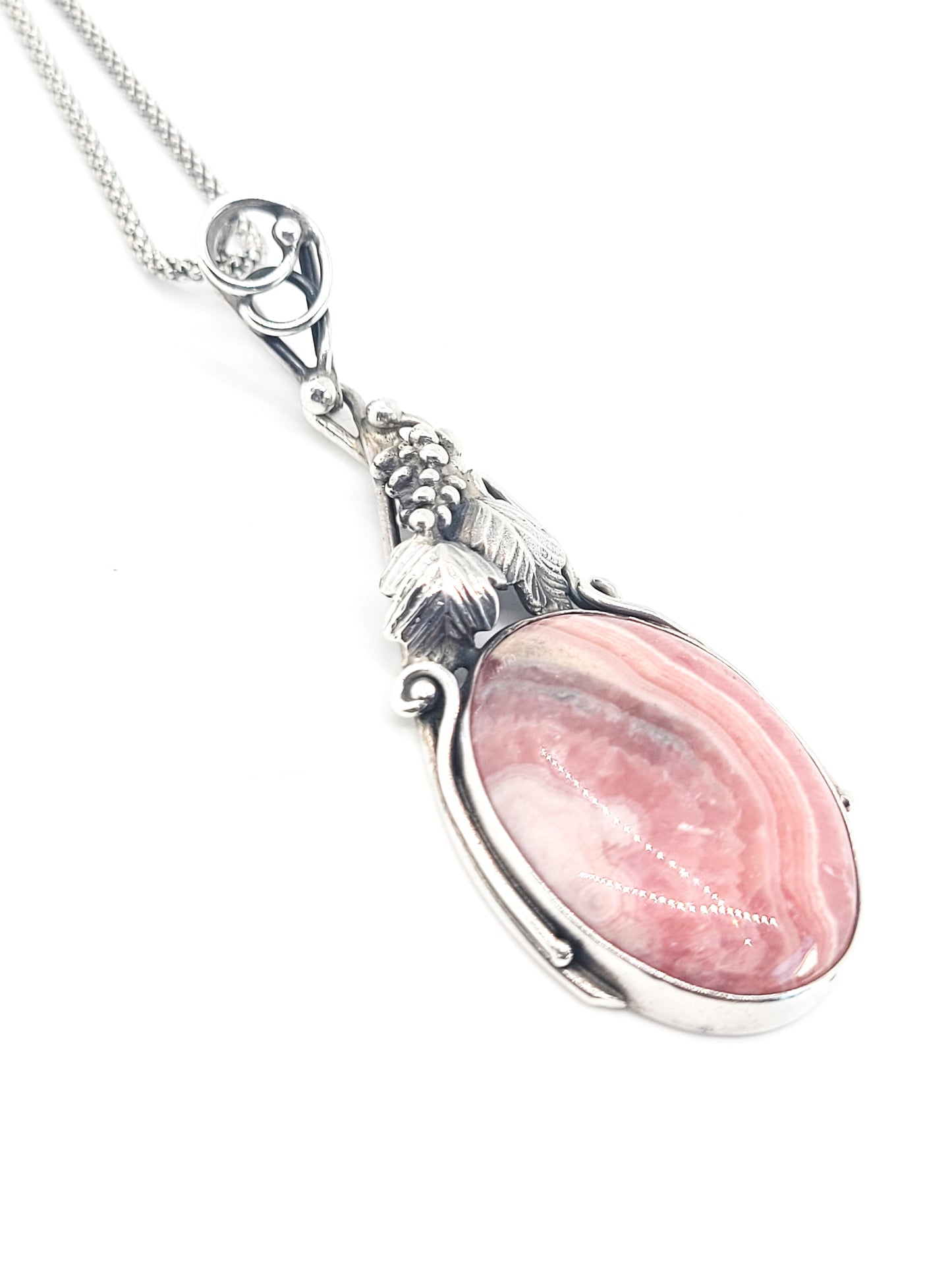 Rhodochrosite pink gemstone vintage handcrafted sterling silver pendant necklace