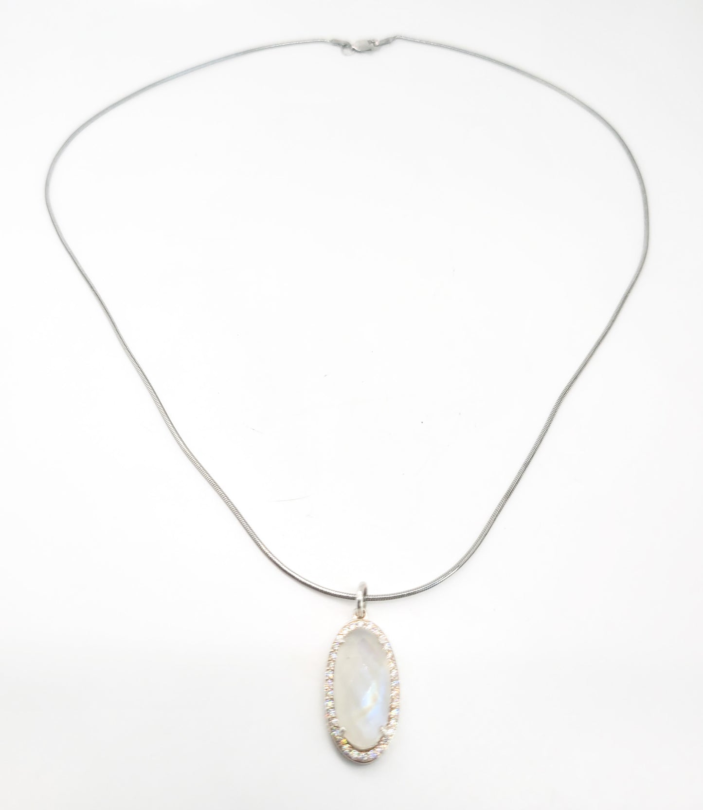 Faceted Rainbow moonstone white zirconia sterling silver pendant necklace