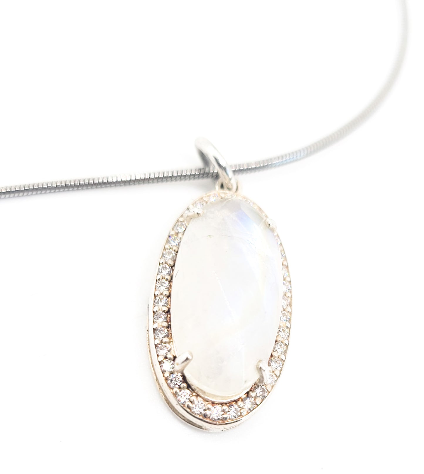 Faceted Rainbow moonstone white zirconia sterling silver pendant necklace