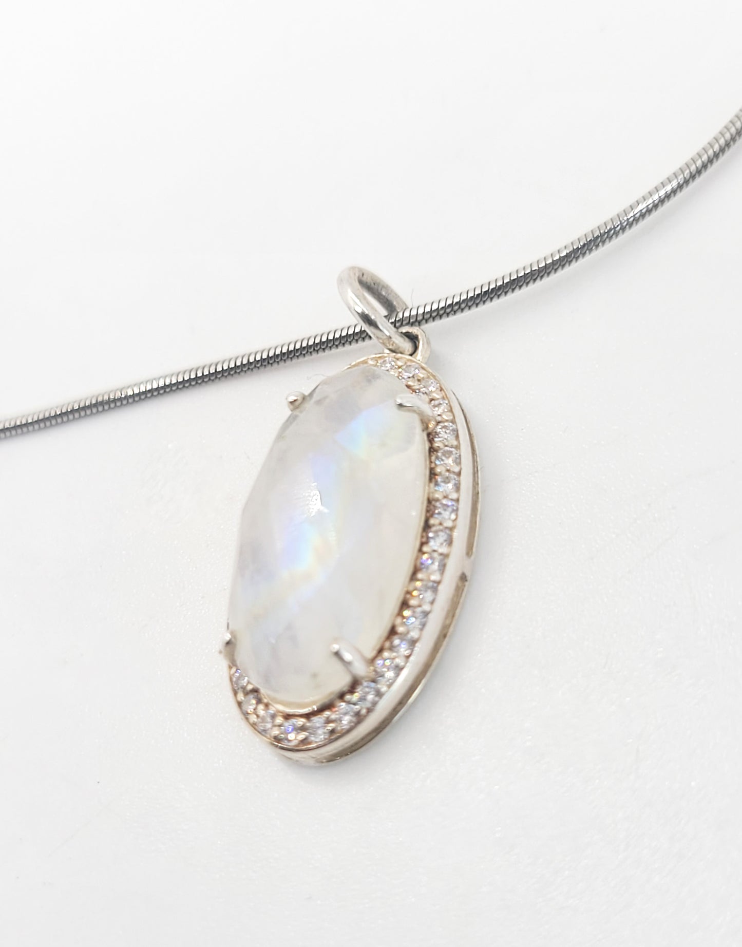 Faceted Rainbow moonstone white zirconia sterling silver pendant necklace