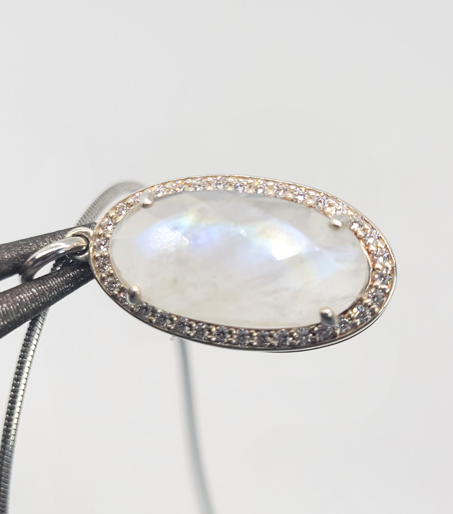 Faceted Rainbow moonstone white zirconia sterling silver pendant necklace