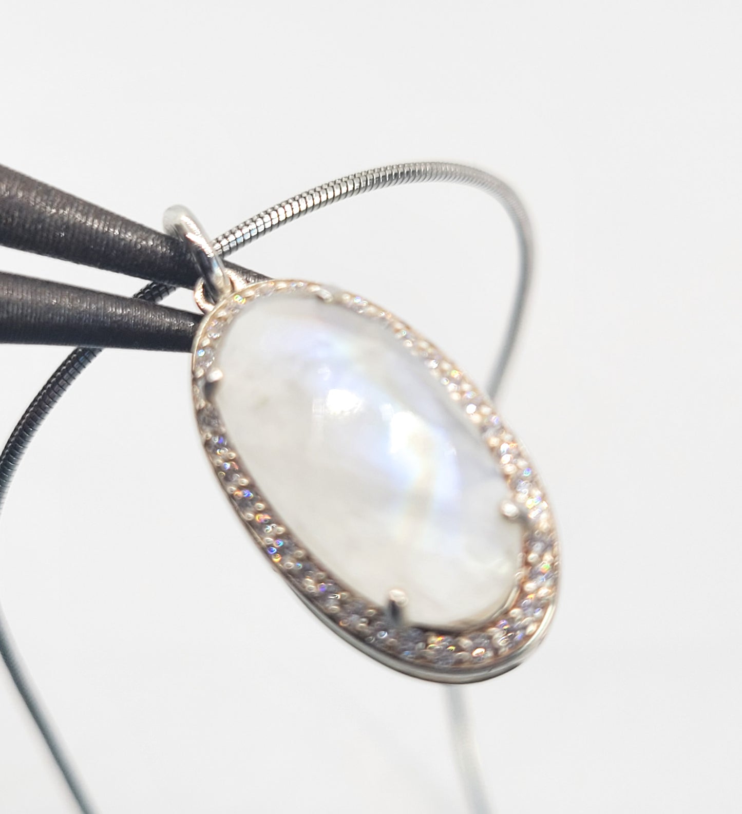 Faceted Rainbow moonstone white zirconia sterling silver pendant necklace