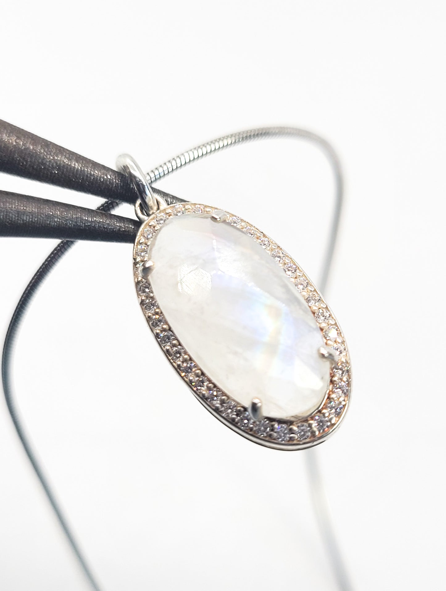 Faceted Rainbow moonstone white zirconia sterling silver pendant necklace
