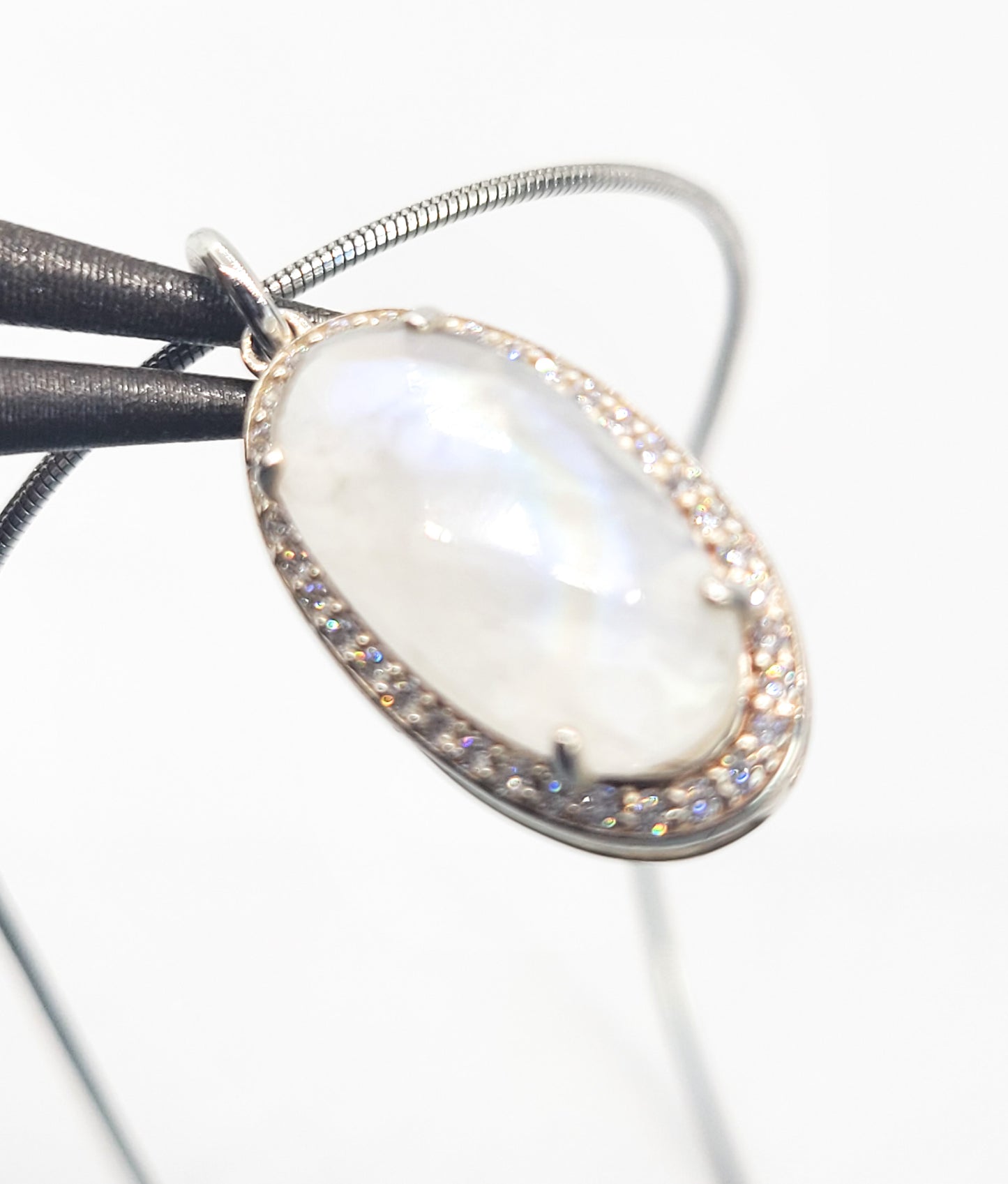 Faceted Rainbow moonstone white zirconia sterling silver pendant necklace