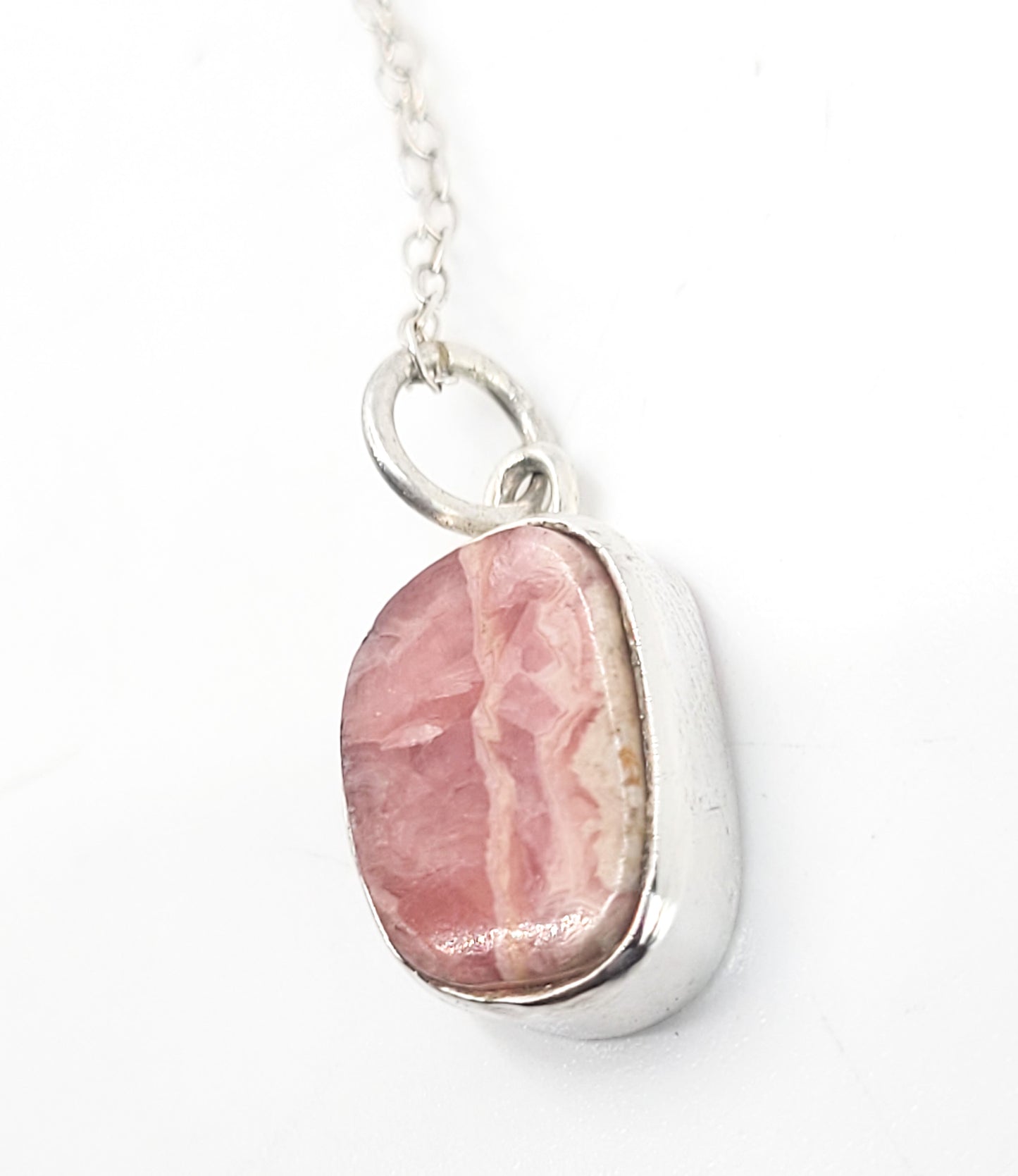 Pink Rhodochrosite banded gemstone sterling silver pendant necklace