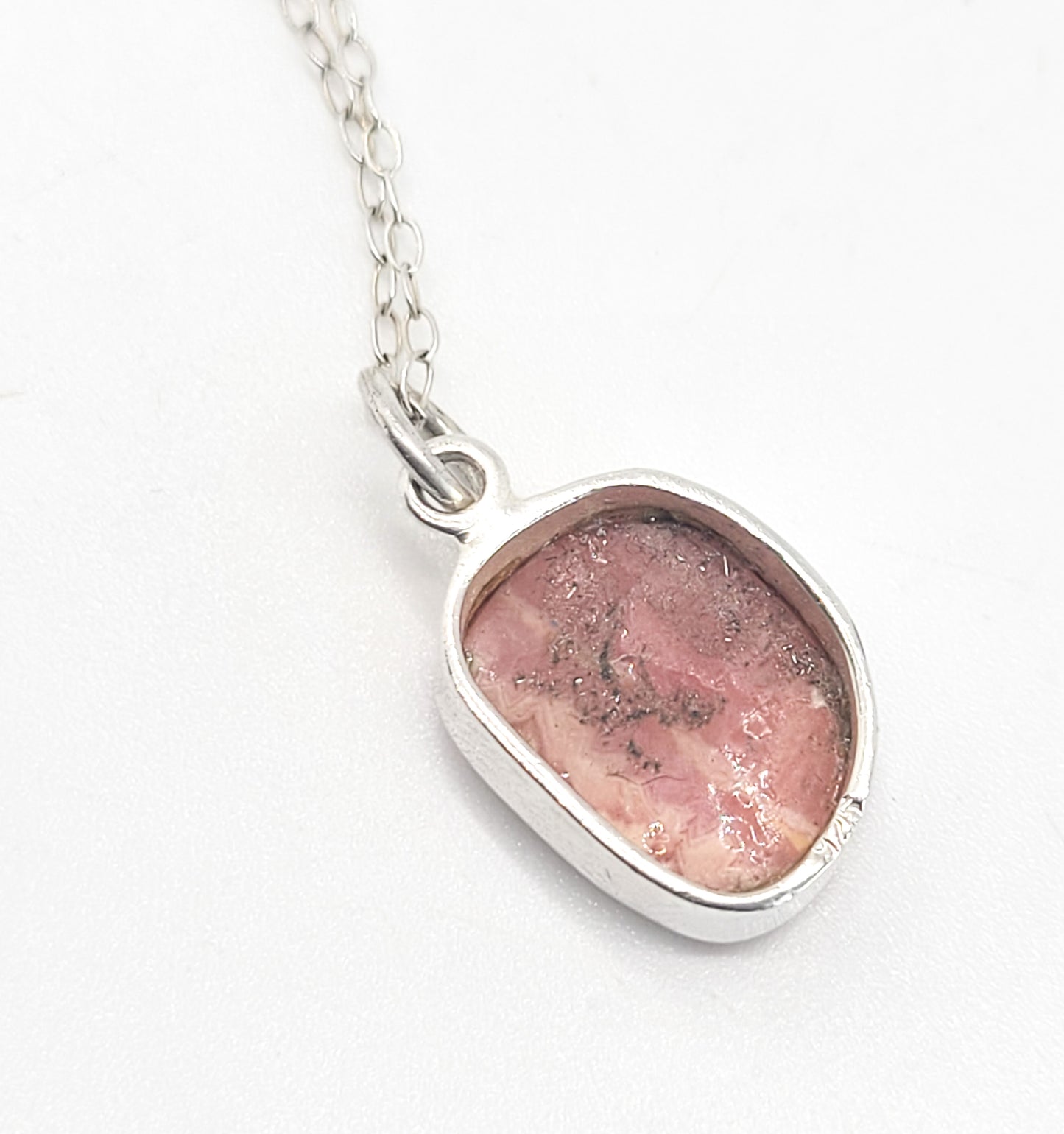 Pink Rhodochrosite banded gemstone sterling silver pendant necklace