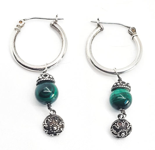 Malachite beaded vintage tribal Balinese sterling silver hoop earrings