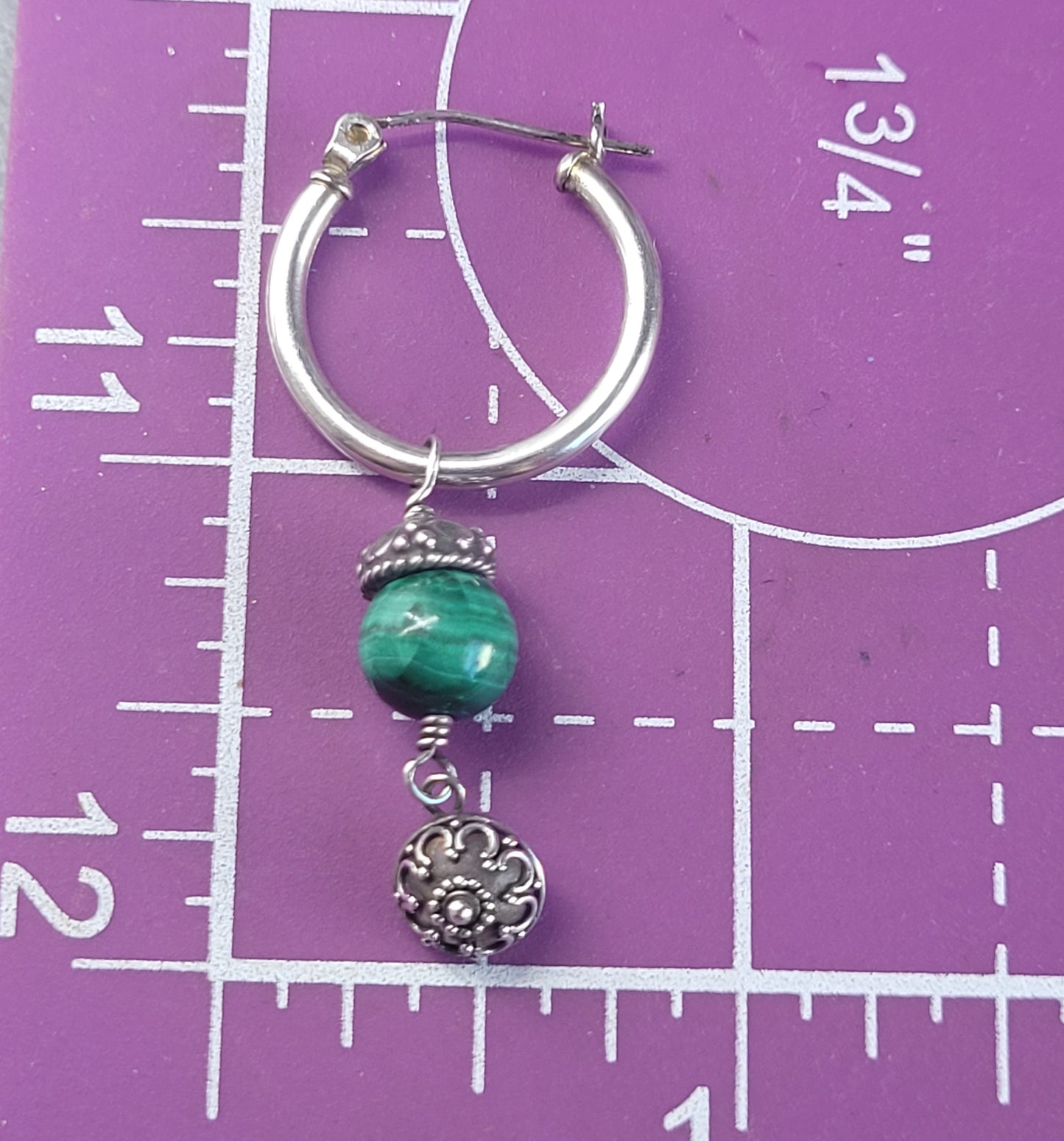 Malachite beaded vintage tribal Balinese sterling silver hoop earrings