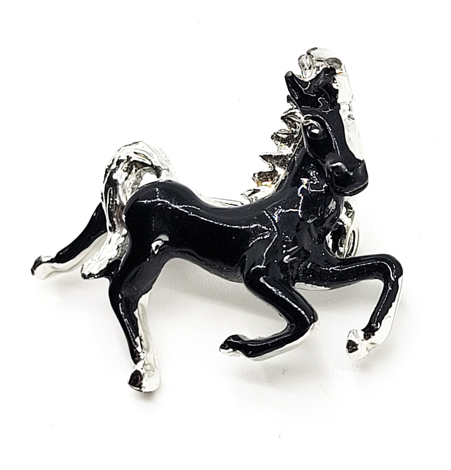 Black Horse vintage Equestrian enamel painted black and silver brooch pin