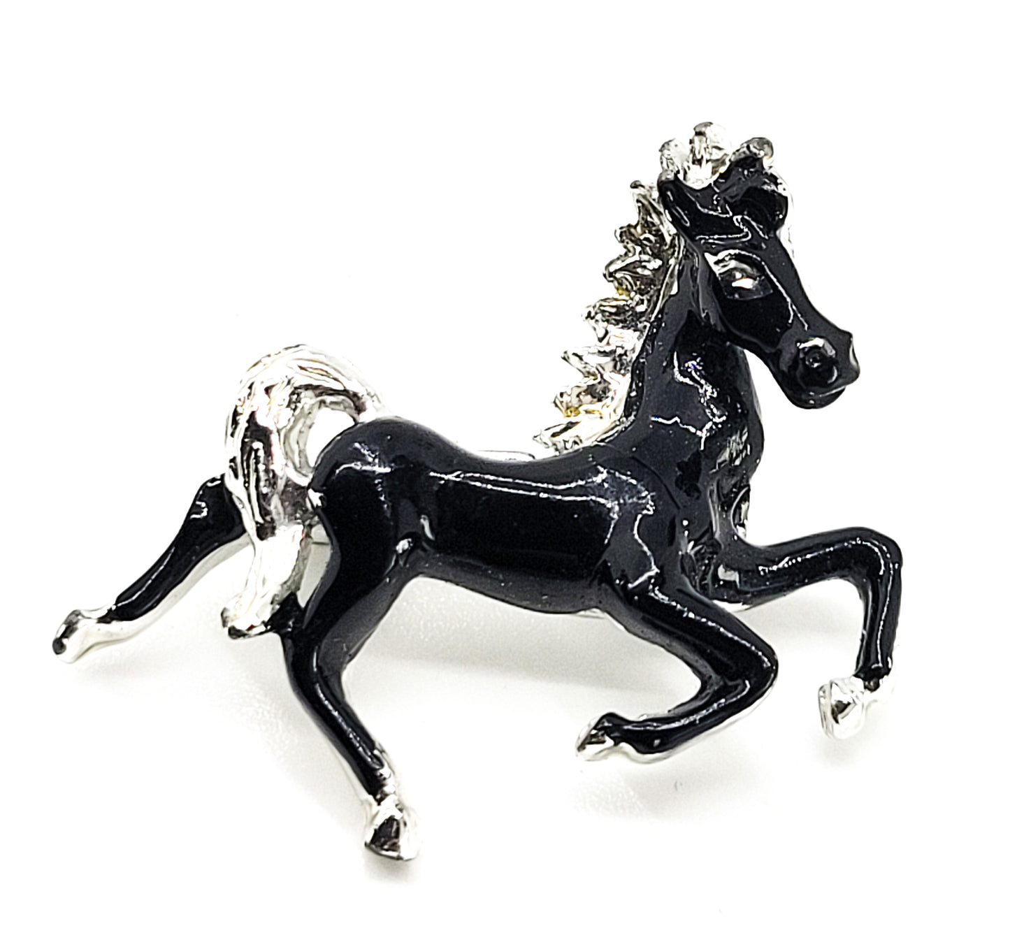 Black Horse vintage Equestrian enamel painted black and silver brooch pin