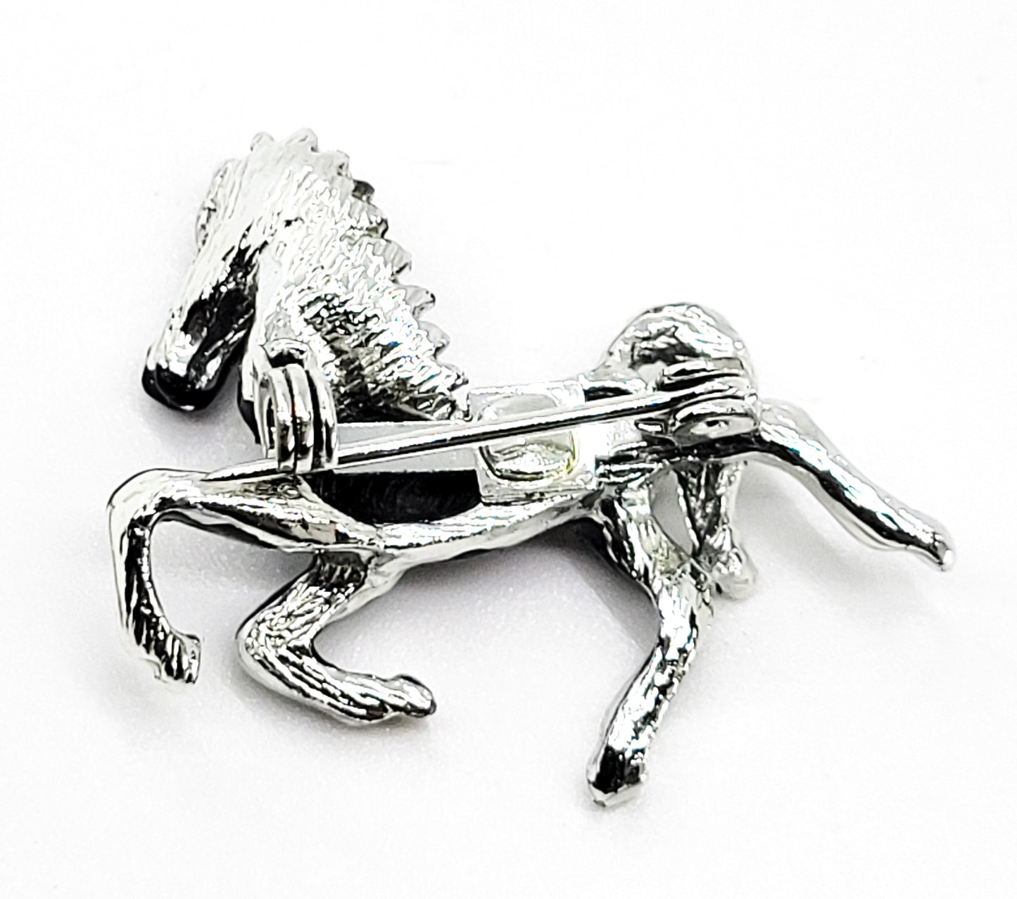 Black Horse vintage Equestrian enamel painted black and silver brooch pin