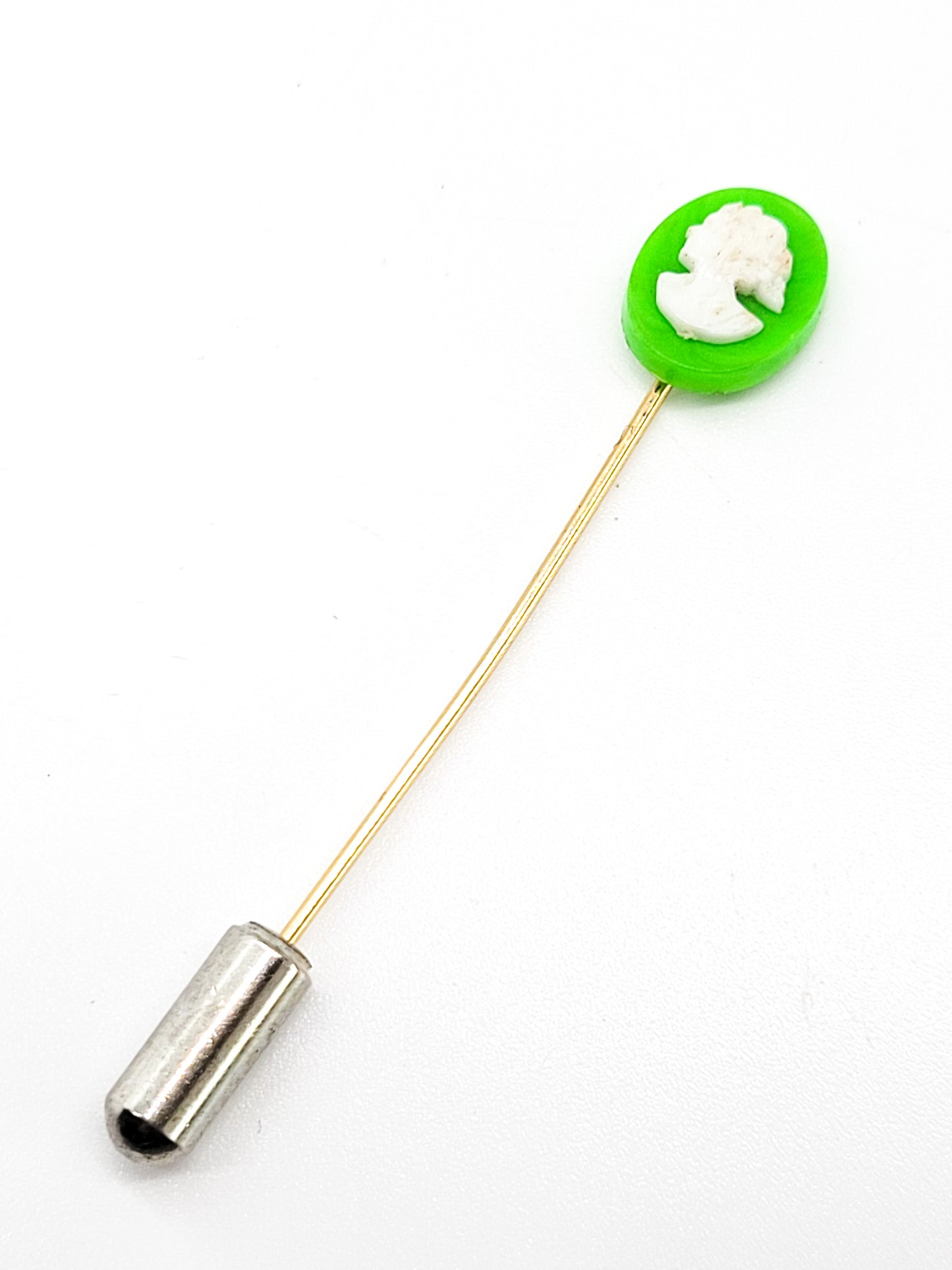 Green plastic cameo vintage stick lapel pin brooch