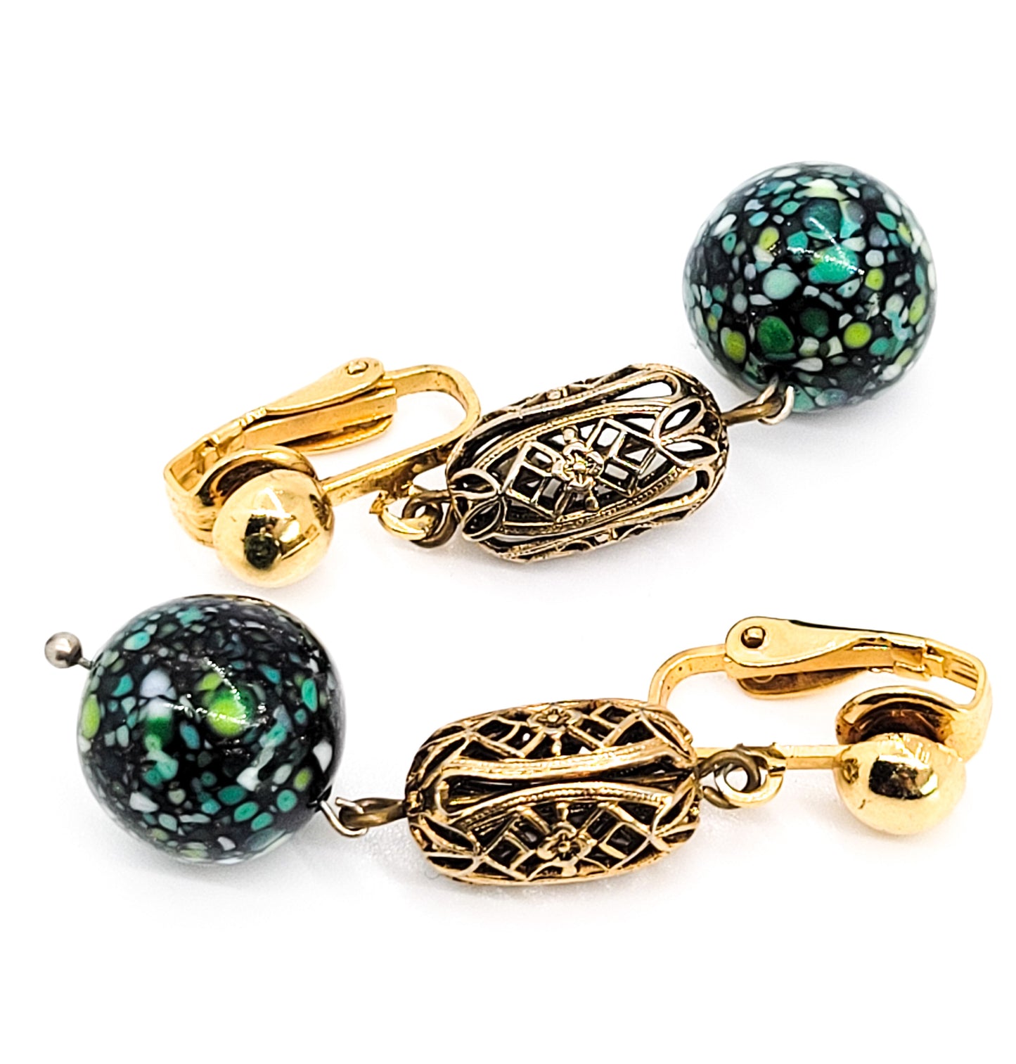 Confetti Speckled art glass vintage black beaded gold toned clip on earrings