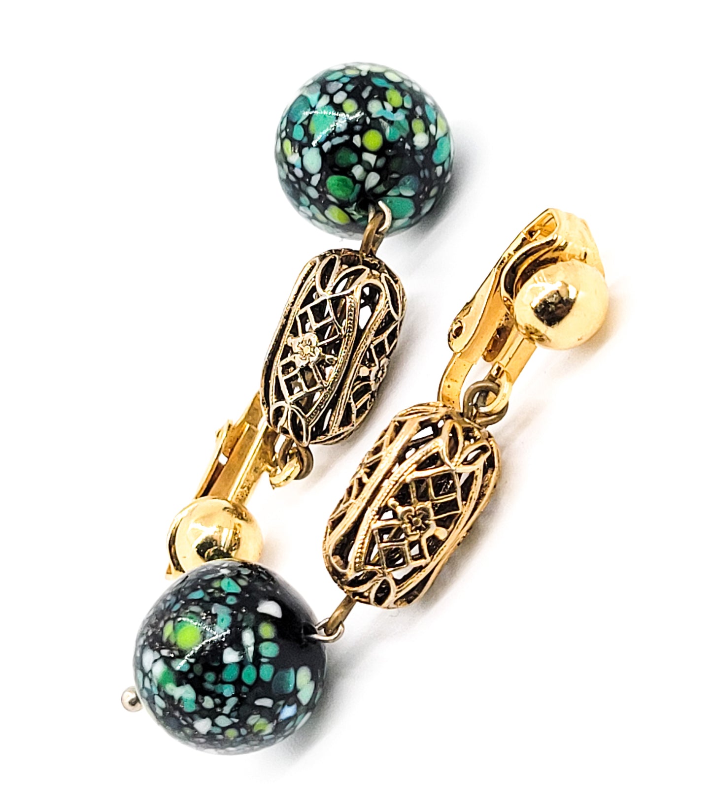 Confetti Speckled art glass vintage black beaded gold toned clip on earrings