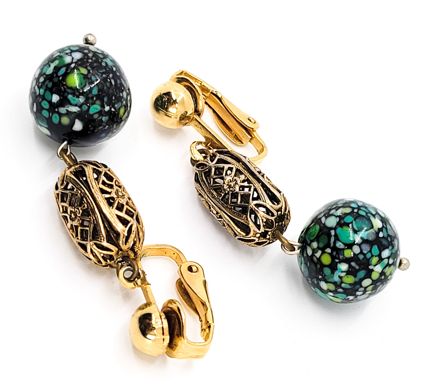 Confetti Speckled art glass vintage black beaded gold toned clip on earrings