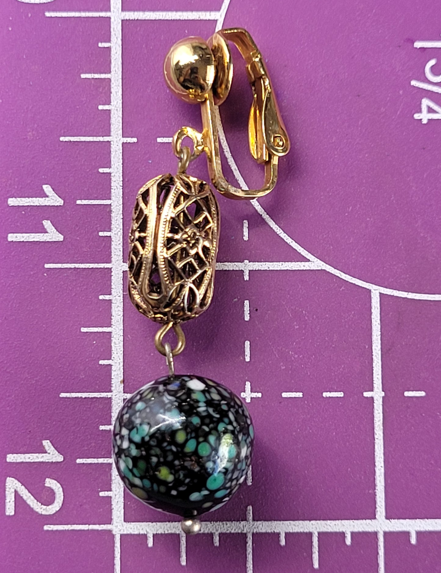 Confetti Speckled art glass vintage black beaded gold toned clip on earrings