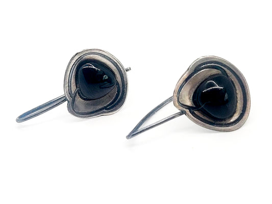 Modernist abstract black onyx sterling silver vintage drop earrings signed