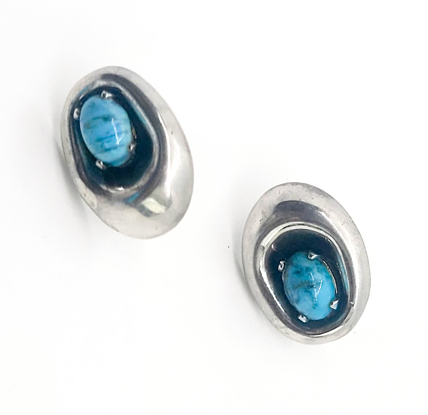 Shadowbox Blue art glass vintage sterling silver stud earrings