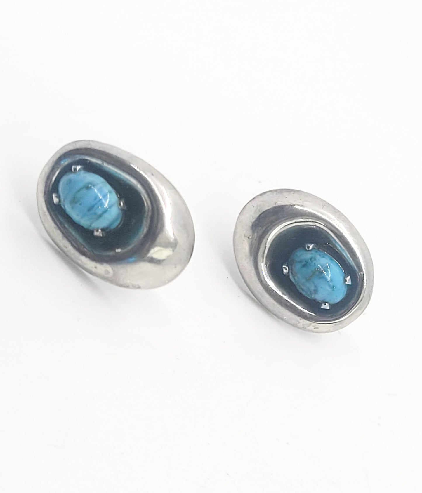Shadowbox Blue art glass vintage sterling silver stud earrings