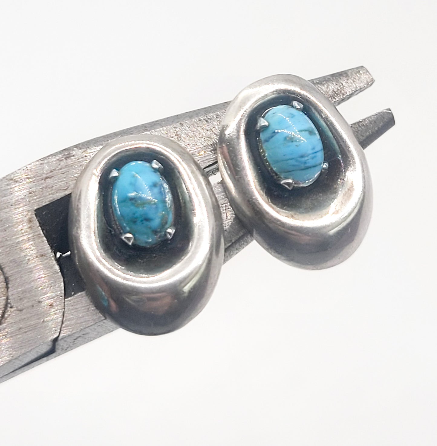 Shadowbox Blue art glass vintage sterling silver stud earrings