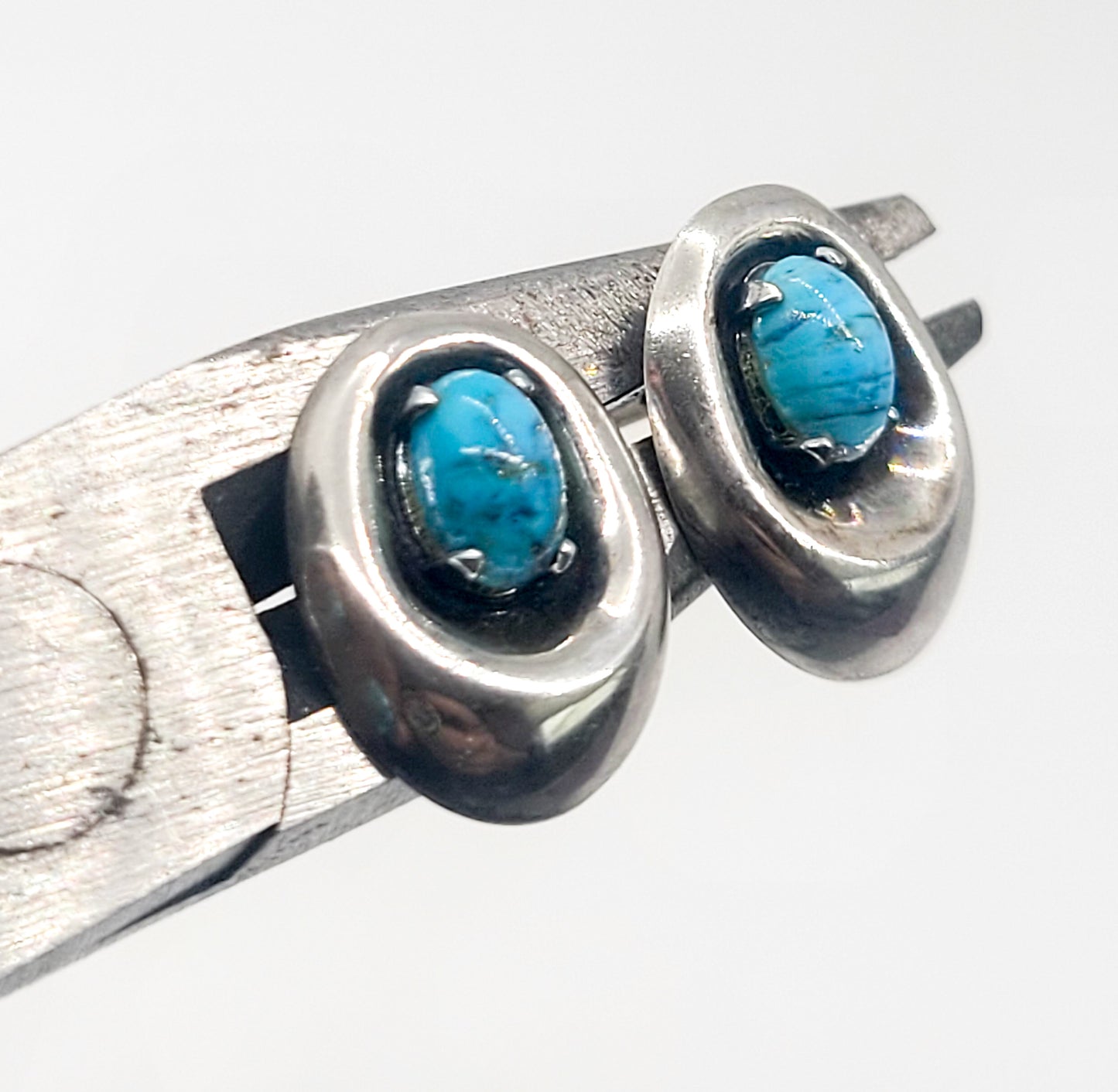 Shadowbox Blue art glass vintage sterling silver stud earrings
