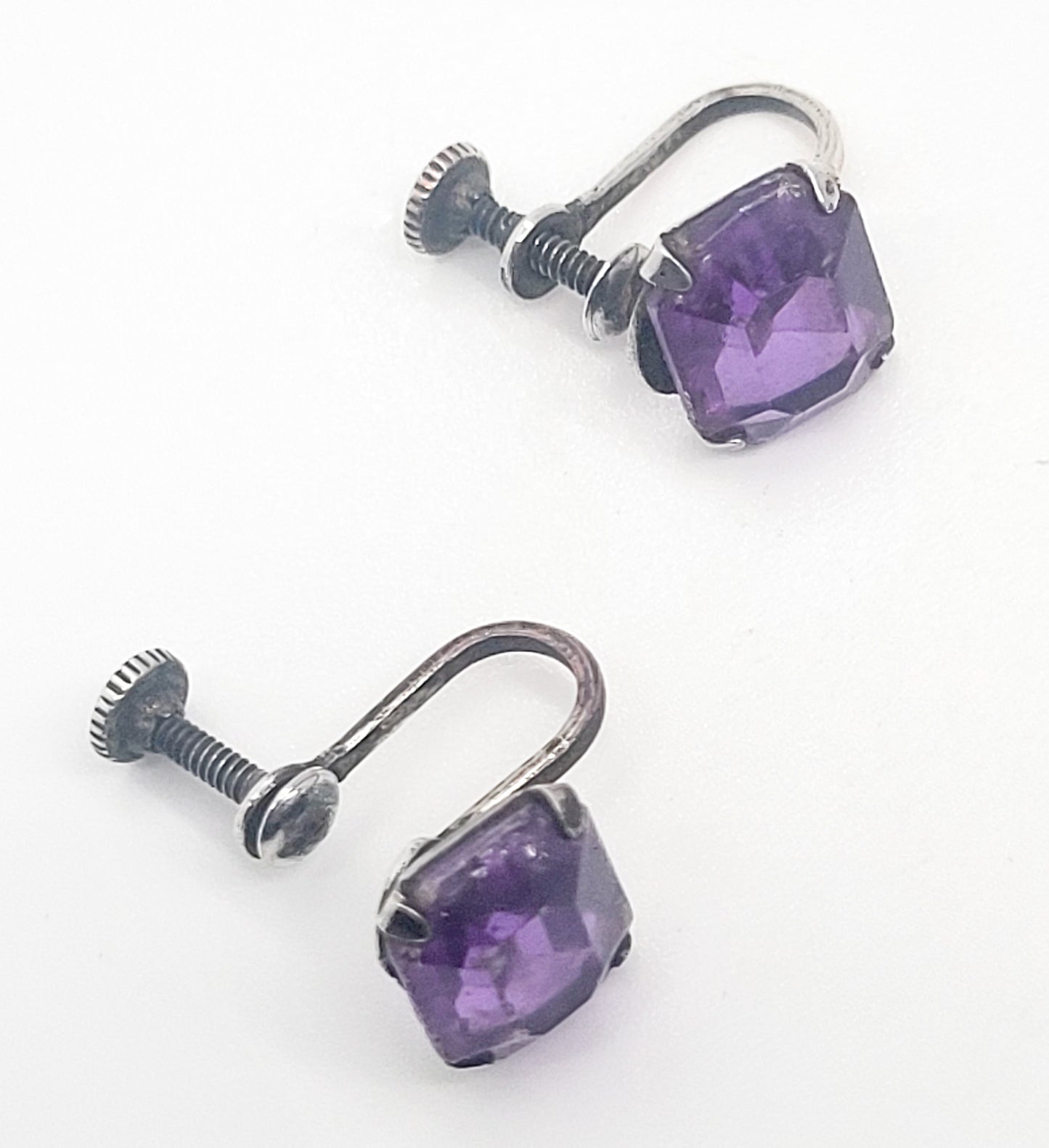 Purple Art Glass vintage rhinestone sterling silver screw back earrings