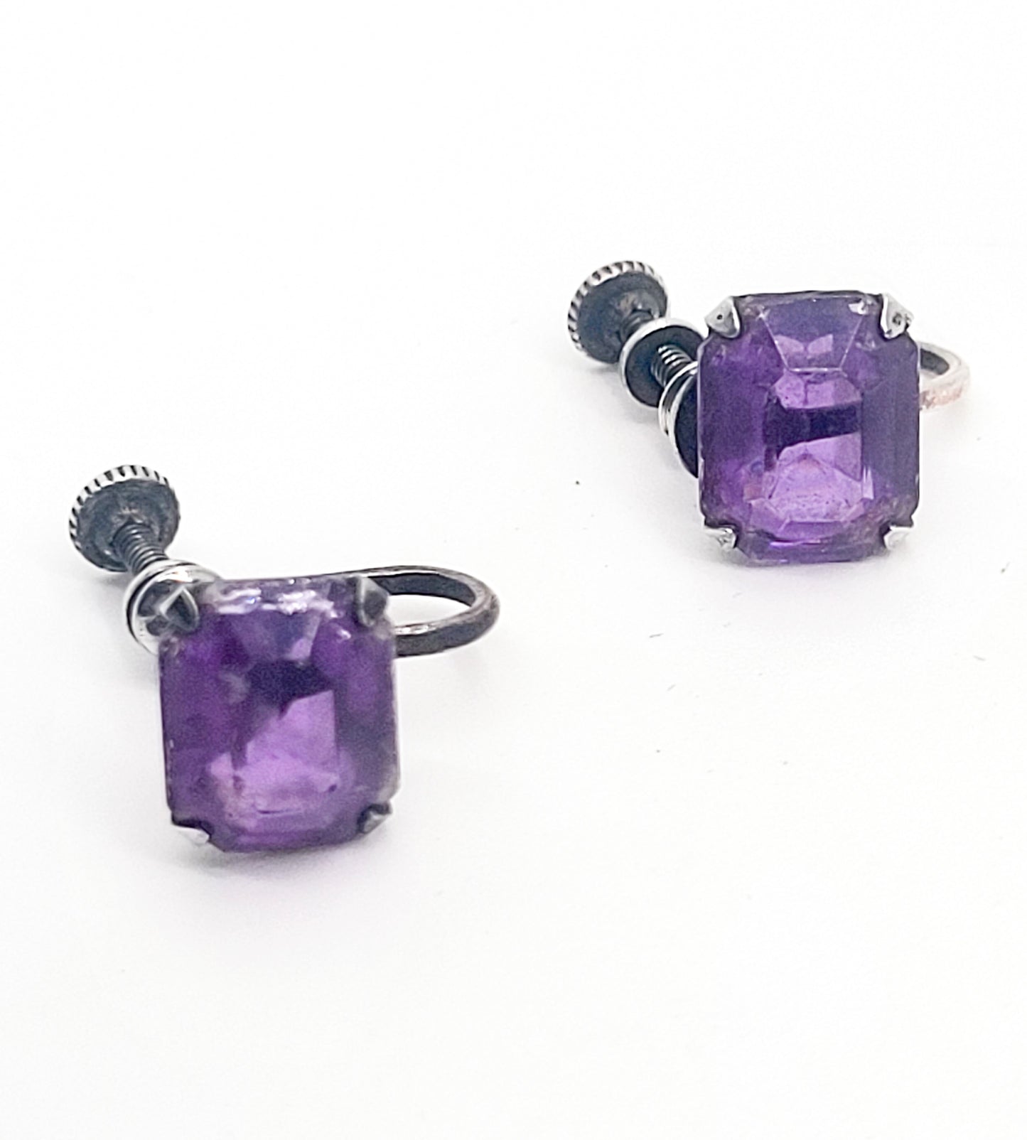 Purple Art Glass vintage rhinestone sterling silver screw back earrings