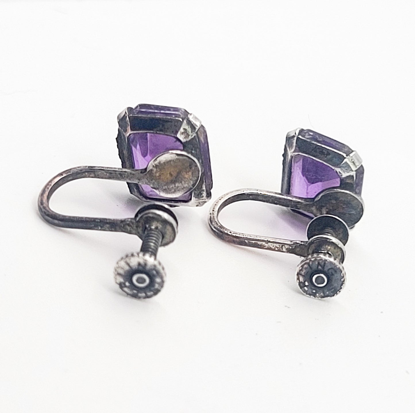 Purple Art Glass vintage rhinestone sterling silver screw back earrings