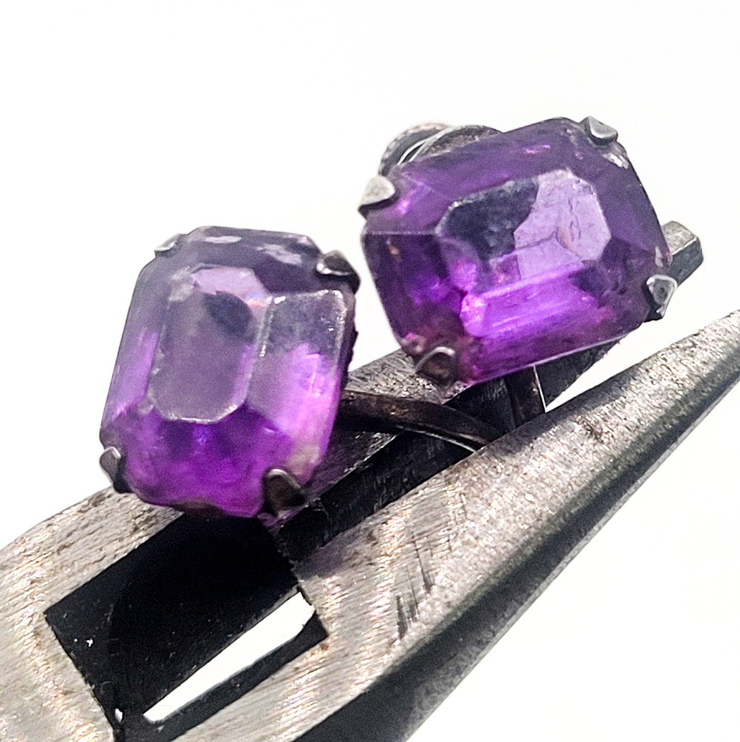 Purple Art Glass vintage rhinestone sterling silver screw back earrings