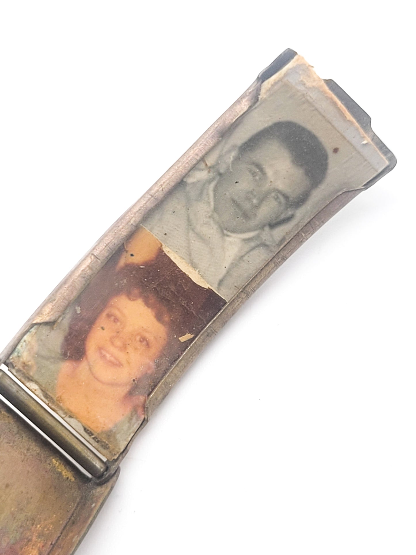 Mid Century brass locket watch band with pictures. Locket only