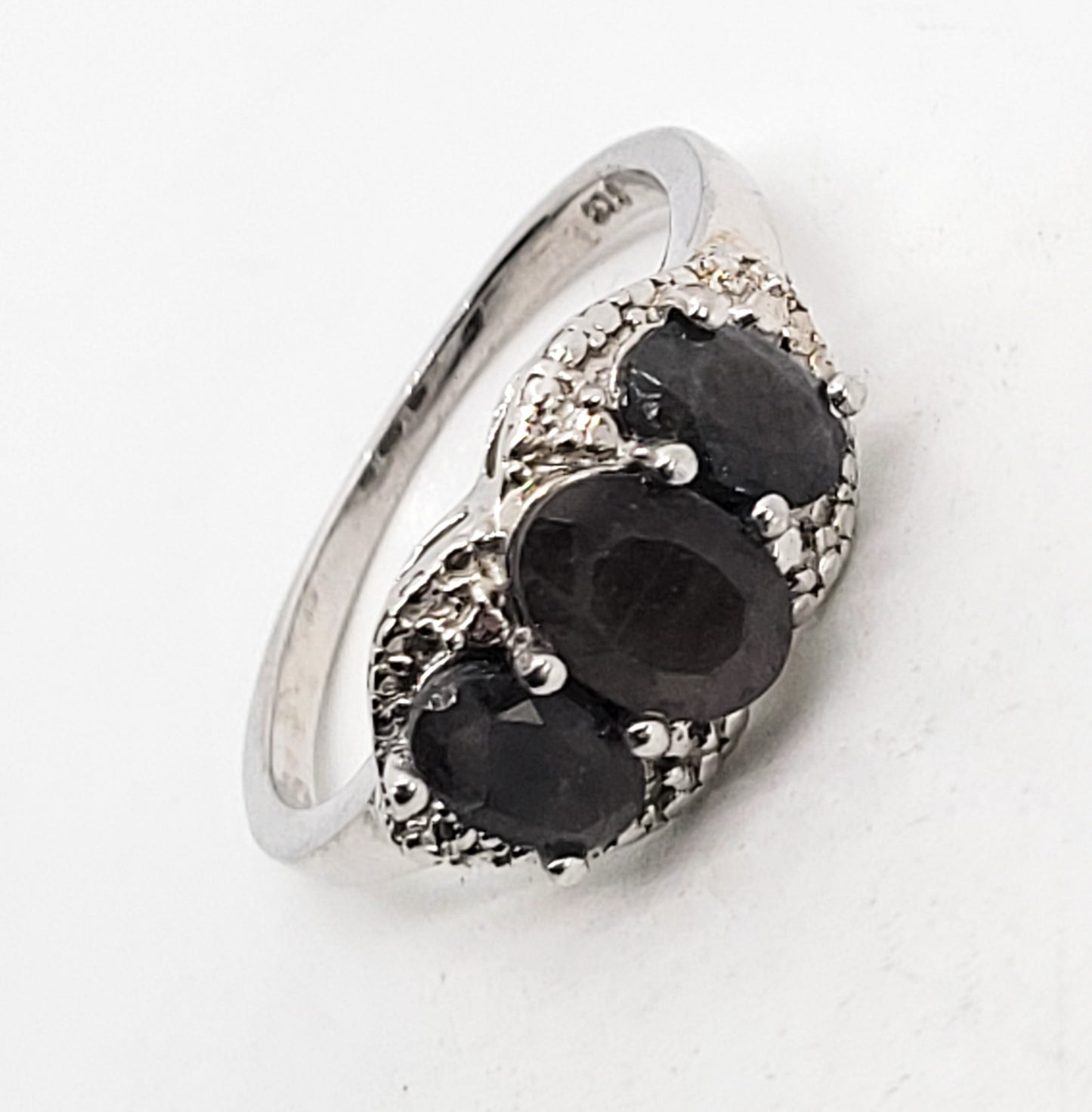 Silver Sheen Black Sapphire three stone sterling silver ring size 8.25
