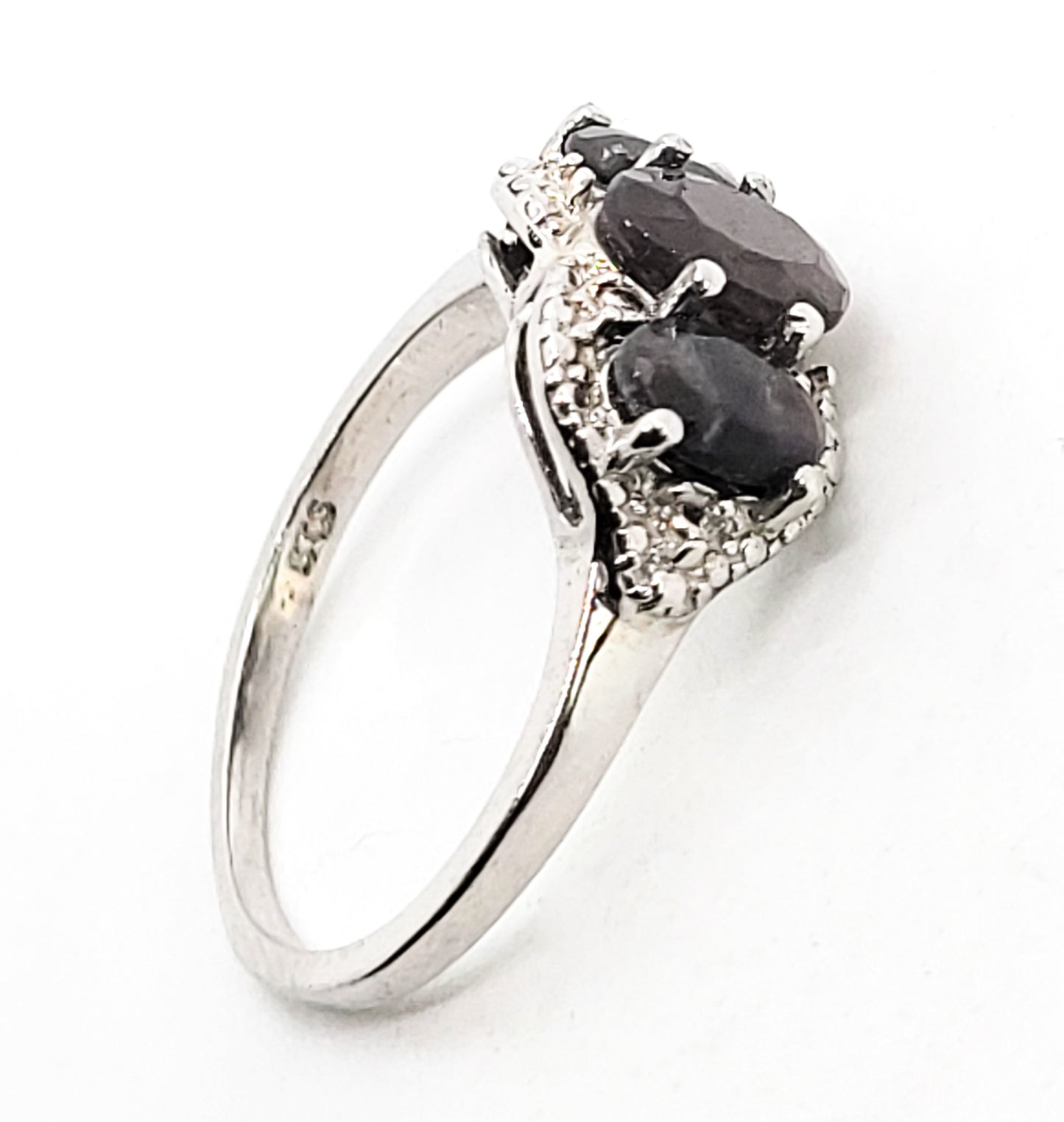 Silver Sheen Black Sapphire three stone sterling silver ring size 8.25