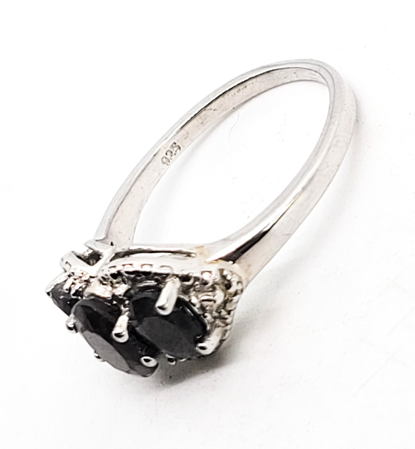 Silver Sheen Black Sapphire three stone sterling silver ring size 8.25