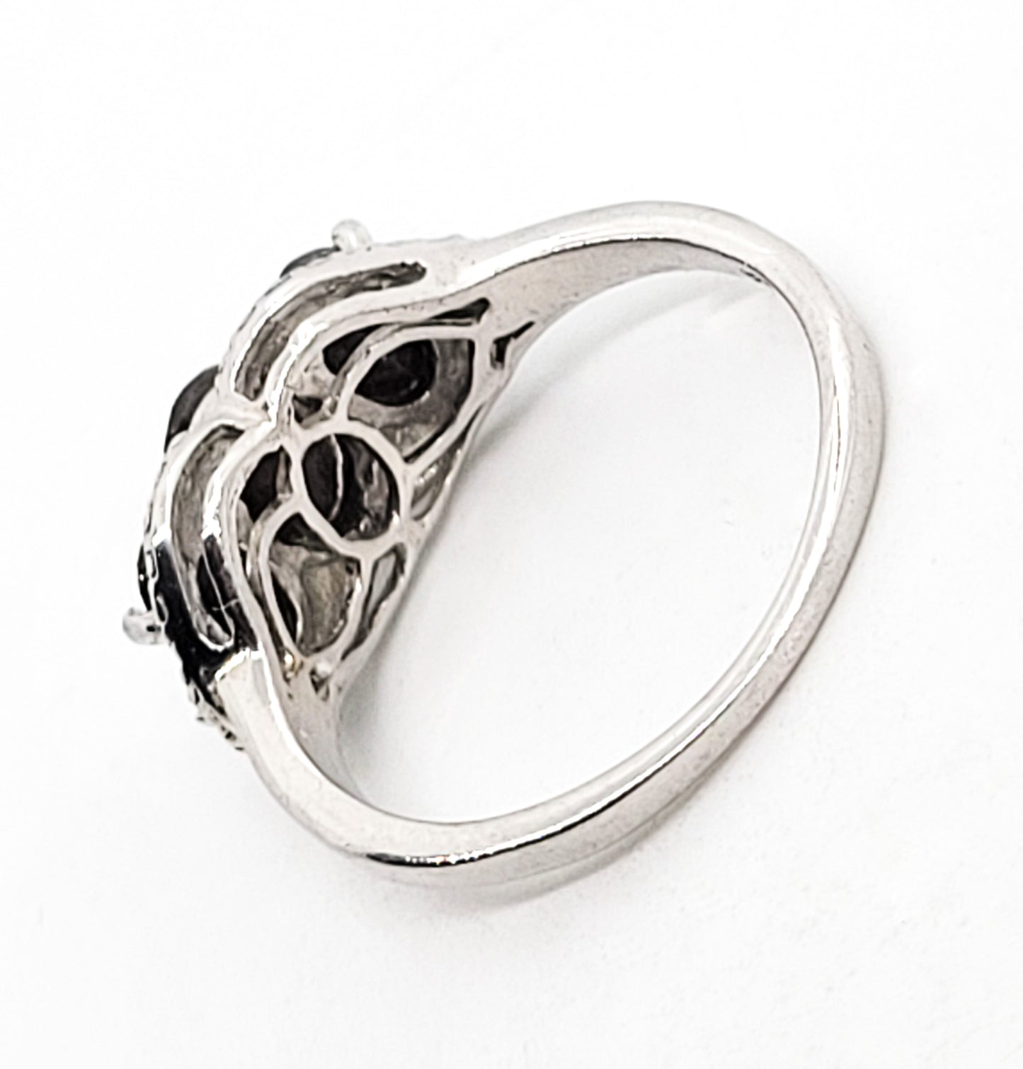 Silver Sheen Black Sapphire three stone sterling silver ring size 8.25