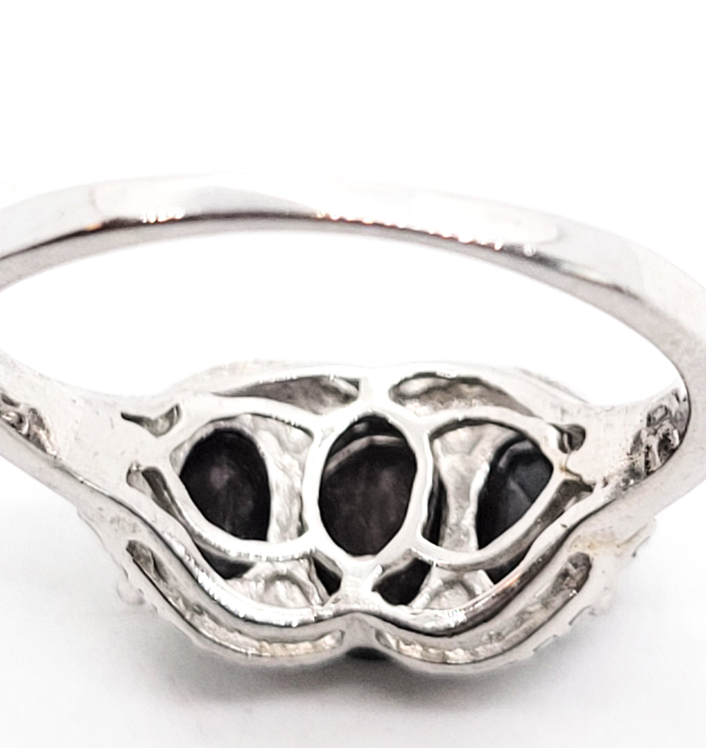 Silver Sheen Black Sapphire three stone sterling silver ring size 8.25