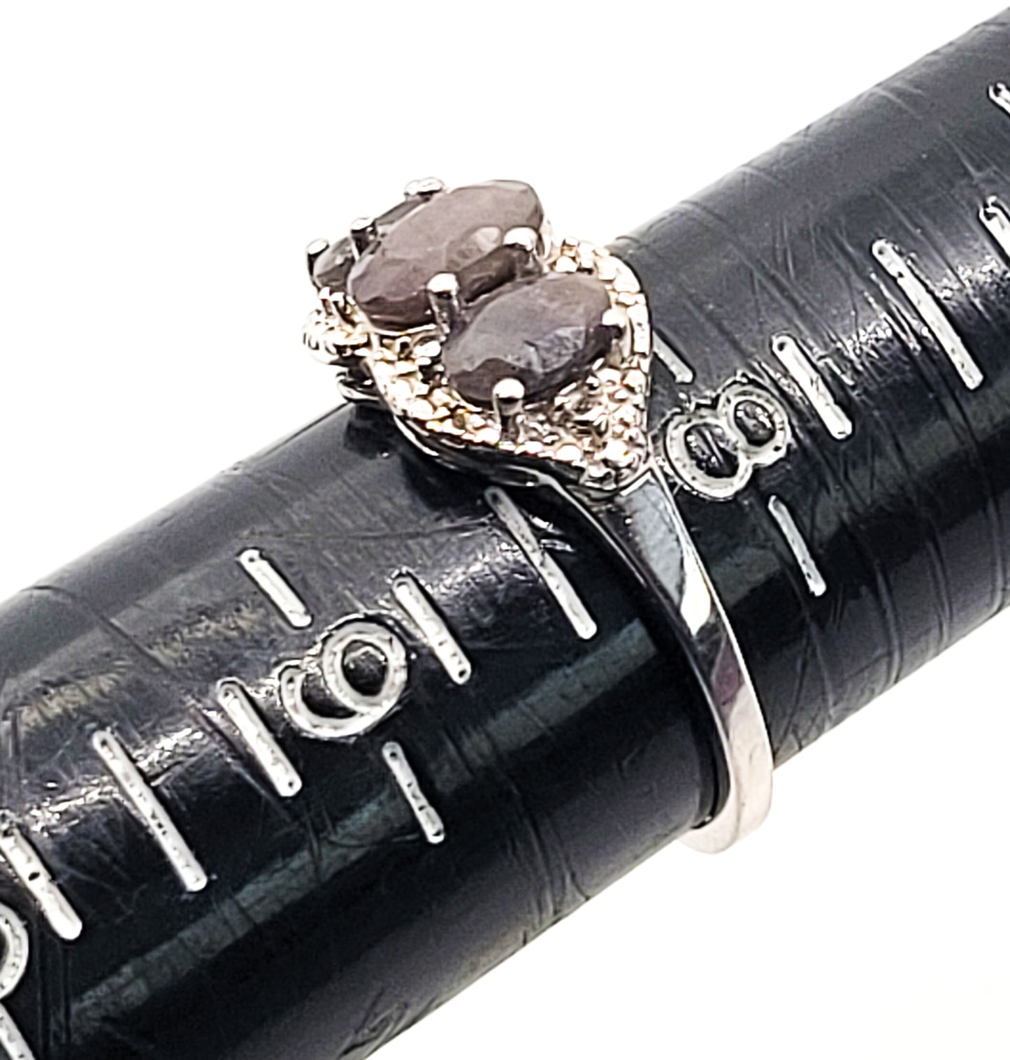 Silver Sheen Black Sapphire three stone sterling silver ring size 8.25