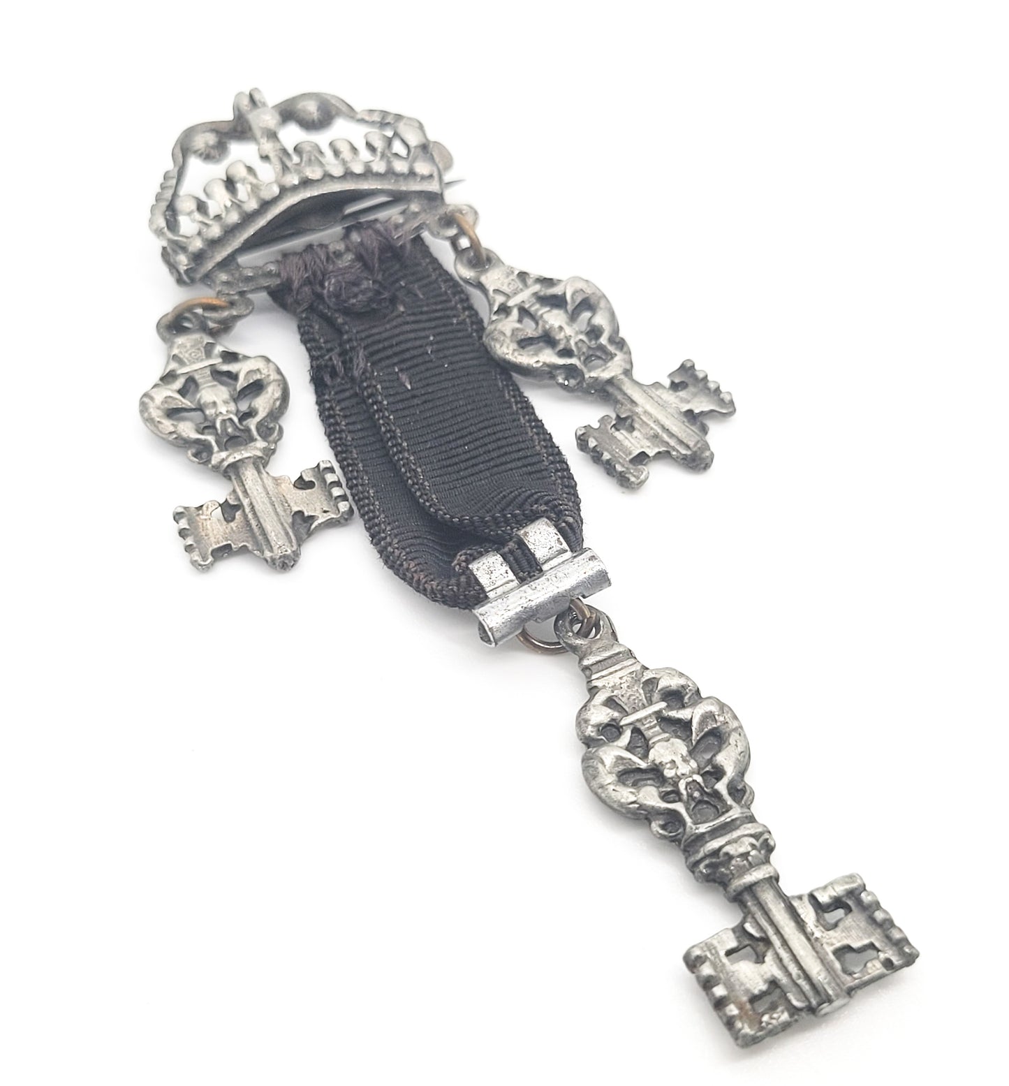 Victorian Crown and skull key antique sterling silver ribbon charm brooch